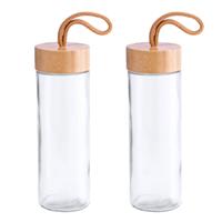 Bellatio 4x Stuks glazen waterfles/drinkfles transparant met bamboe houten dop met handvat 420 ml -