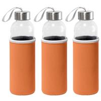 Bellatio 3x Stuks glazen waterfles/drinkfles met oranje softshell bescherm hoes 520 ml -