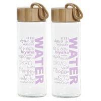 Items 2x stuks glazen waterflessen/drinkflessen roze transparant met touwtje 580 ml -