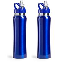 Bellatio Set van 2x stuks luxe Drinkfles/waterfles 800 ml blauw van RVS -