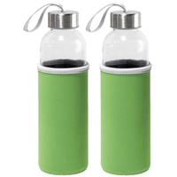 Bellatio 2x Stuks glazen waterfles/drinkfles met groene softshell bescherm hoes 520 ml -
