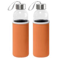 Bellatio 2x Stuks glazen waterfles/drinkfles met oranje softshell bescherm hoes 520 ml -