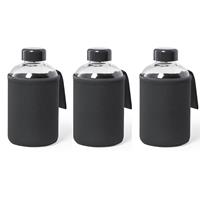 Bellatio 3x Stuks glazen waterfles/drinkfles met zwarte softshell bescherm hoes 600 ml -