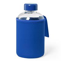 Bellatio Glazen waterfles/drinkfles met blauwe softshell bescherm hoes 600 ml -