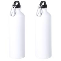 Bellatio 2x Stuks aluminium waterfles/drinkfles wit met schroefdop en karabijnhaak 800 ml -