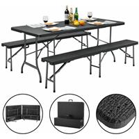 CASARIA 3 tlg Bierzeltgarnitur Campingmöbel Set »Malmö« 2x Klappbank Klapptisch Campingtisch klappbar Tragegriff Rattan Optik Schwarz - 