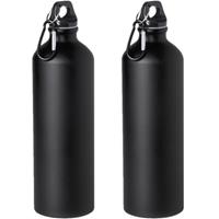 Bellatio 2x Stuks aluminium waterfles/drinkfles zwart met schroefdop en karabijnhaak 800 ml -