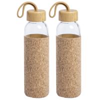 Bellatio 2x Stuks glazen waterfles/drinkfles met kurk bescherm hoes 500 ml -