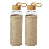 Bellatio 2x Stuks glazen waterfles/drinkfles met naturel bamboe houten bescherm hoes 550 ml -