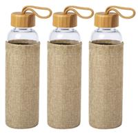 Bellatio 3x Stuks glazen waterfles/drinkfles met naturel bamboe houten bescherm hoes 550 ml -