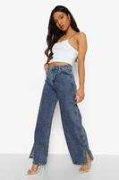 Boohoo Petite Vintage Wash Met Split Wide Leg Jean, Vintage Blue