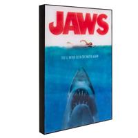 Iconische replica van Jaws filmposter uit 1975 met achtergrond licht