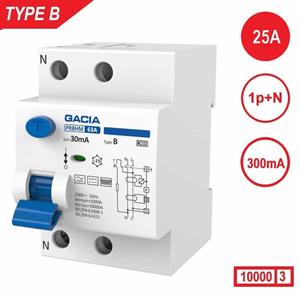 Gacia Aardlekschakelaar 1p+N 25A 300mA Type B 10 kA  zonnepanelen en laadpalen 230V