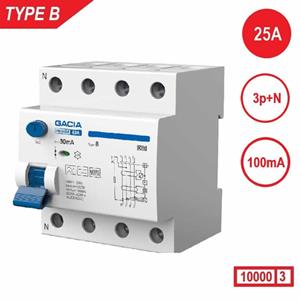 Gacia Aardlekschakelaar 3p+N 25A 100mA Type B 10 kA  zonnepanelen en laadpalen 400V