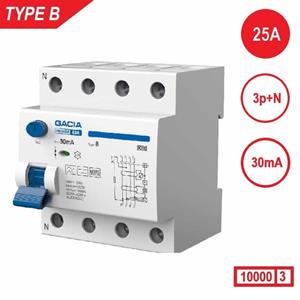 Gacia Aardlekschakelaar 3p+N 25A 30mA Type B 10 kA  zonnepanelen en laadpalen 400V