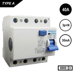 Gacia aardlekschakelaar 4040 4p 40Amp 30mA 6kA nul aan de rechterkant