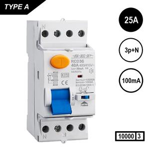 SEP Aardlekschakelaar 3polig+N 25A 100mA Type A 10 kA  RCD36 slechts 2 modulen breed