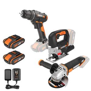 Worx boormachine, decoupeerzaag en haakseslijper set WX955 20V (2 accu's)