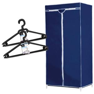 Set Van Mobiele Opvouwbare Kledingkast Met Blauwe Hoes 160 Cm En 20x Plastic Kledinghangers Zwart - Campingkledingkasten