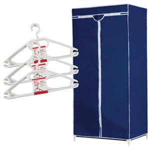 Set Van Mobiele Opvouwbare Kledingkast Met Blauwe Hoes 160 Cm En 15x Plastic Kledinghangers Wit - Campingkledingkasten