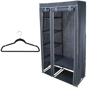 Bathroom Solutions Mobiele kledingkast/garderobekast incl 8x hangers - opvouwbaar - grijs - 174 cm - Campingkledingkasten