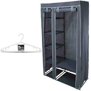 Bathroom Solutions Mobiele kledingkast/garderobekast incl 10x hangers - opvouwbaar - grijs - 174 cm - Campingkledingkasten