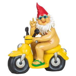 Tuinkabouter beeld Happy Nudist - Polystone - Op Scooter - 28 x 26 cm -