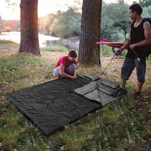 costway Dubbele Slaapzak 2 Persoons Waterdichte Slaapzak met 2 Kussens en Draagtas voor Kamperen en Reizen Zwart/Blauw 220x150 cm
