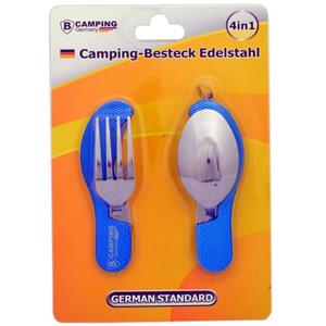 Camping/veld bestekset 4-in-1 - opvouwbaar - blauw - RVS - Besteksets