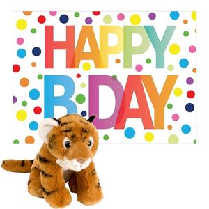 Pluche dieren knuffel tijger 20 cm met Happy Birthday wenskaart -