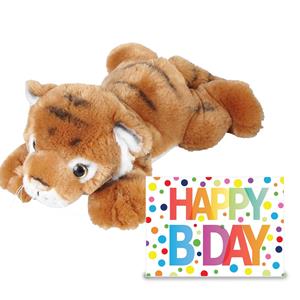Verjaardag cadeau tijger 25 cm met Happy Birthday wenskaart -
