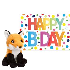 Pluche dieren knuffel rode vos 12 cm met Happy Birthday wenskaart -