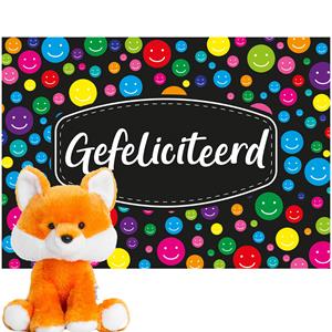 oranje pluche Vos knuffel 14 cm met Gefeliciteerd A5 wenskaart -