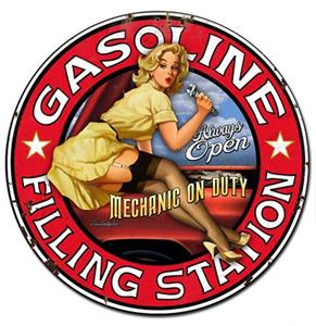 Fiftiesstore Gasoline Filling Station Mechanic On Duty Pin-Up Zwaar Metalen Bord 61 cm x 61 cm