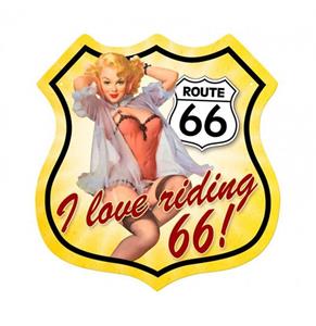 Route 66 I Love Riding 66 Pin-Up Zwaar Metalen Bord 37,5 x 39 cm