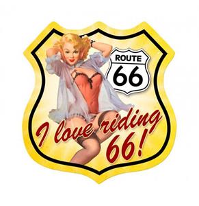 Route 66 I Love Riding 66 Pin-Up Zwaar Metalen Bord 37,5 x 39 cm