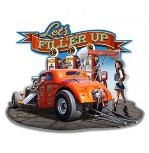 Fiftiesstore Let's Fill'er Up Hot Rod - Gas Station Zwaar Metalen Bord