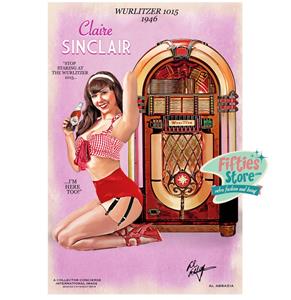 Fiftiesstore Wurlitzer 1015 Jukebox Pin-Up Claire Sinclair Zwaar Metalen Bord 44,5 x 29 cm UIT DE COLLECTIE!