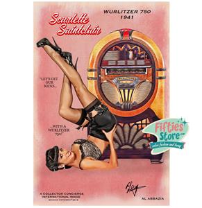 Fiftiesstore Wurlitzer 750 Jukebox Pin-Up Scarlette Saintclair Zwaar Metalen Bord 92 x 61 cm