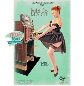 Fiftiesstore Jennings Sun Chief Slot Machine Pin-Up Bobi Jo Marie Zwaar Metalen Bord 92 x 61 cm