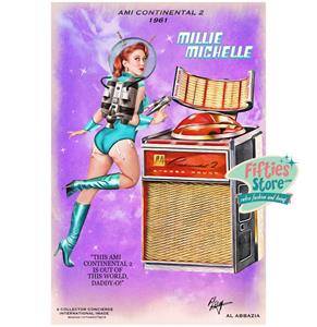 Fiftiesstore Ami Continental II Jukebox Pin-Up Millie Michelle Zwaar Metalen Bord 44,5 x 29 cm
