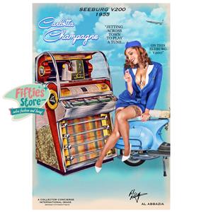 Fiftiesstore Seeburg V200 Jukebox Pin-Up Carlotta Champagne Zwaar Metalen Bord 44,5 x 29 cm