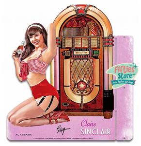 Fiftiesstore Wurlitzer 1015 Jukebox Pin-Up Claire Sinclair Zwaar Metalen Bord 43 x 46 cm 2-Zijdig Uithangbord