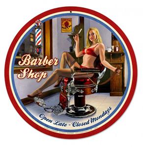 Fiftiesstore Barber Shop Pin-Up Open Late Zwaar Metalen Bord - Greg Hildebrandt