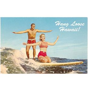 Fiftiesstore Hang Loose Hawaii, Tandem Surfing - Vintage Foto, Kunst Afdruk