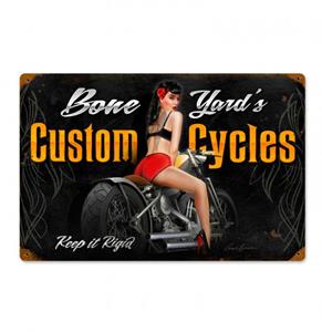 Fiftiesstore Bone Yard's Custom Cycles Pin-Up Zwaar Metalen Bord