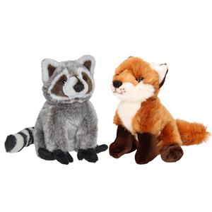 Nature Planet Bosdieren zachte pluche knuffels 2x stuks - Wasbeer en Vos van 18 cm -