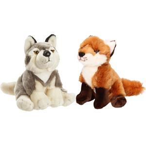 Nature Planet Bosdieren zachte pluche knuffels 2x stuks - Wolf en Vos van 18 cm -