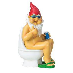 Merkloos Tuinkabouter beeld Happy Nudist - Polystone - op het toilet - 15 x 25 cm -