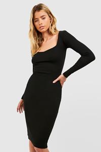 Boohoo Geribbelde Midi Jurk Met Harvormige Hals En Lange Mouwen, Black